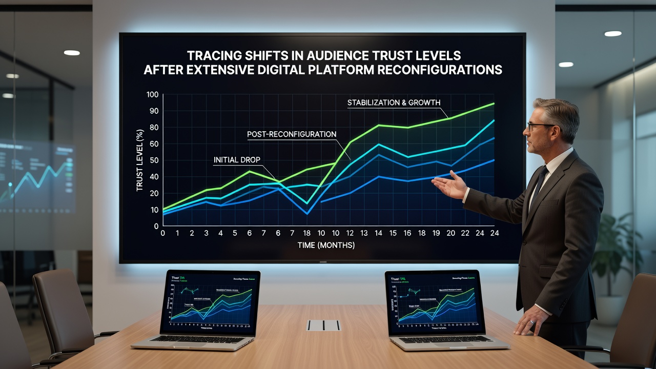 Analytics dashboard displaying audience trust trends and platform reconfiguration timelines